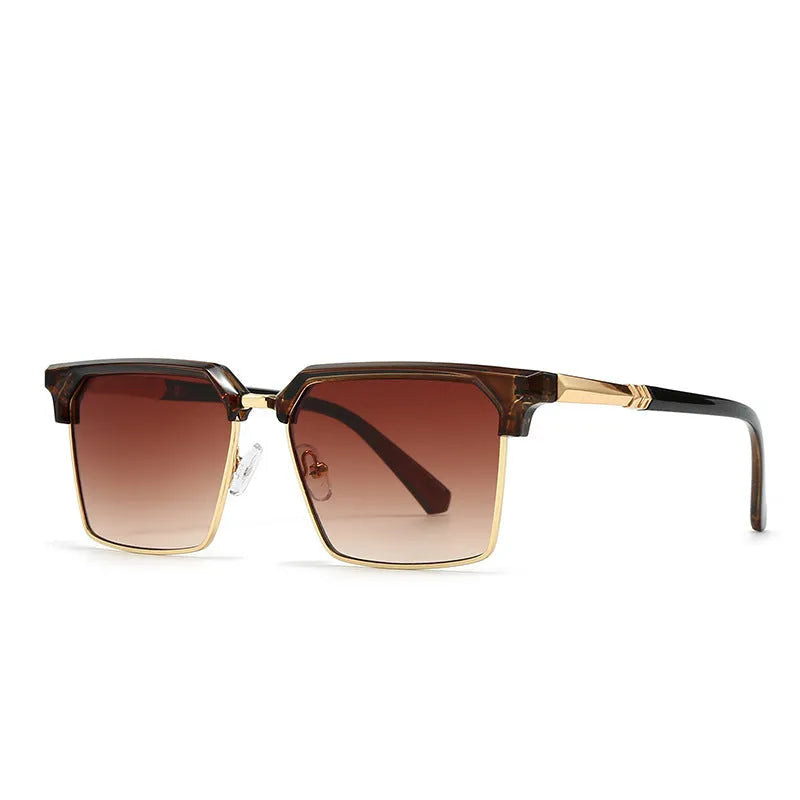 Men's square plastic frame sunglasses showing six colour options including black silver, dried tea, green, and blue variations