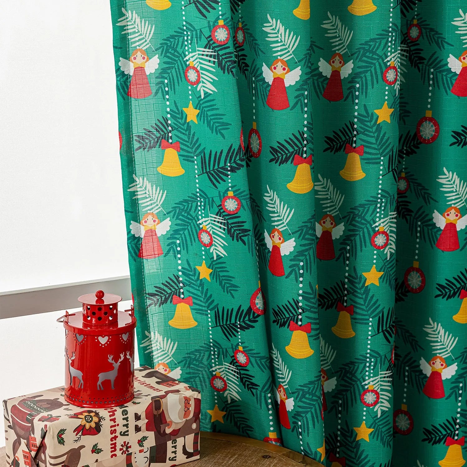 Christmas snowman and angel printed curtain in red or green with windproof semi-shade function