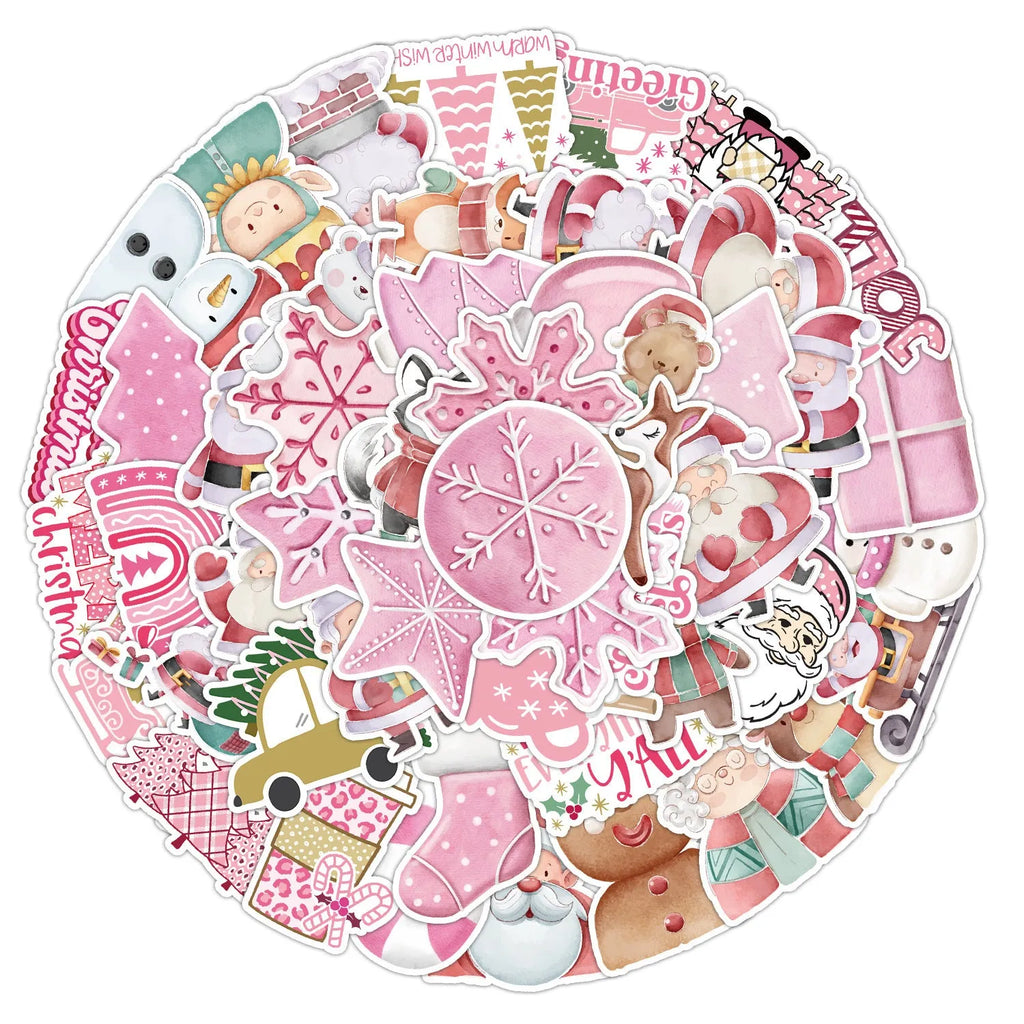 50 Christmas waterproof stickers pack showing cute designs for car phone computer decoration