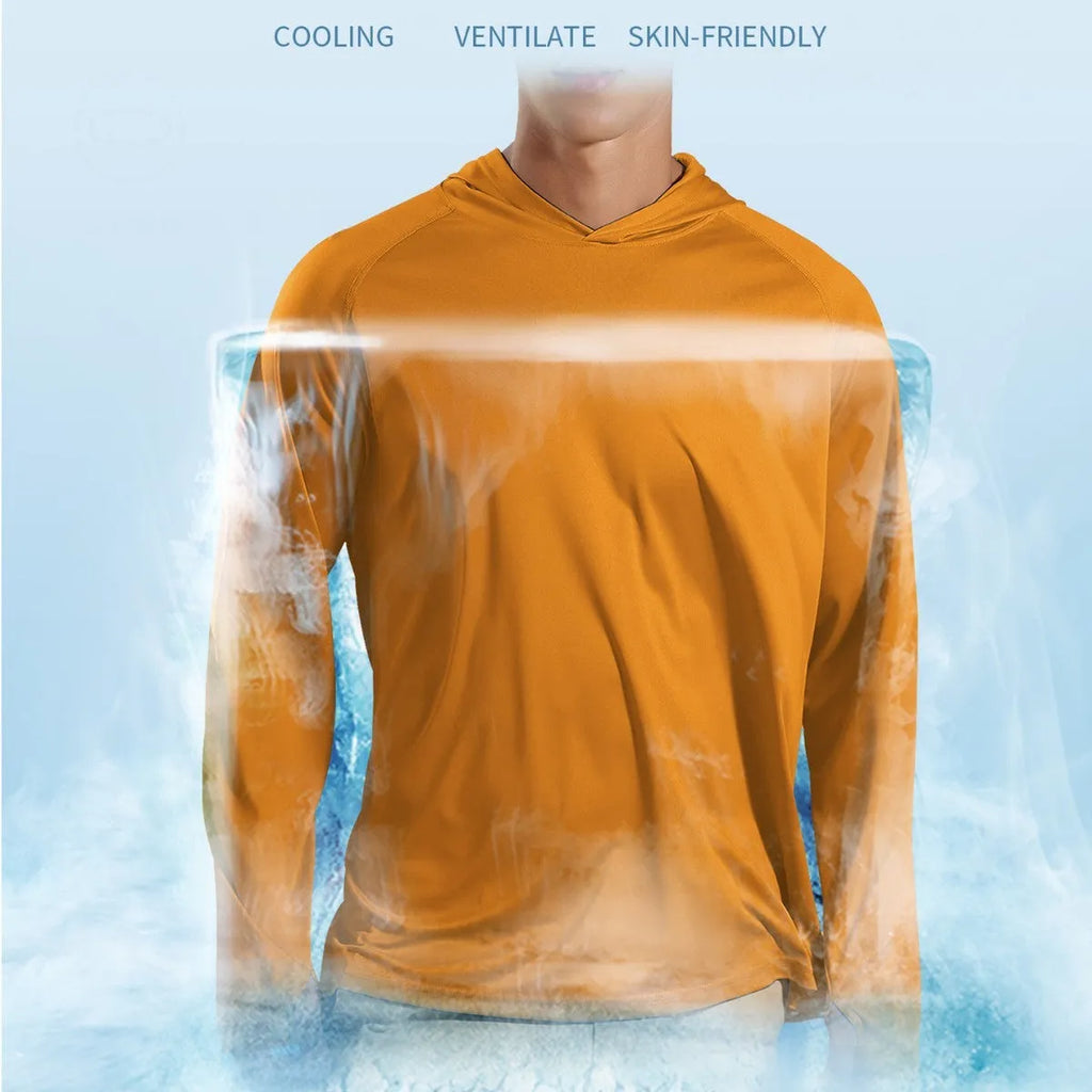 Outdoor UV protection long sleeve hooded thin top in solid colour, polyester fabric, with hood up.