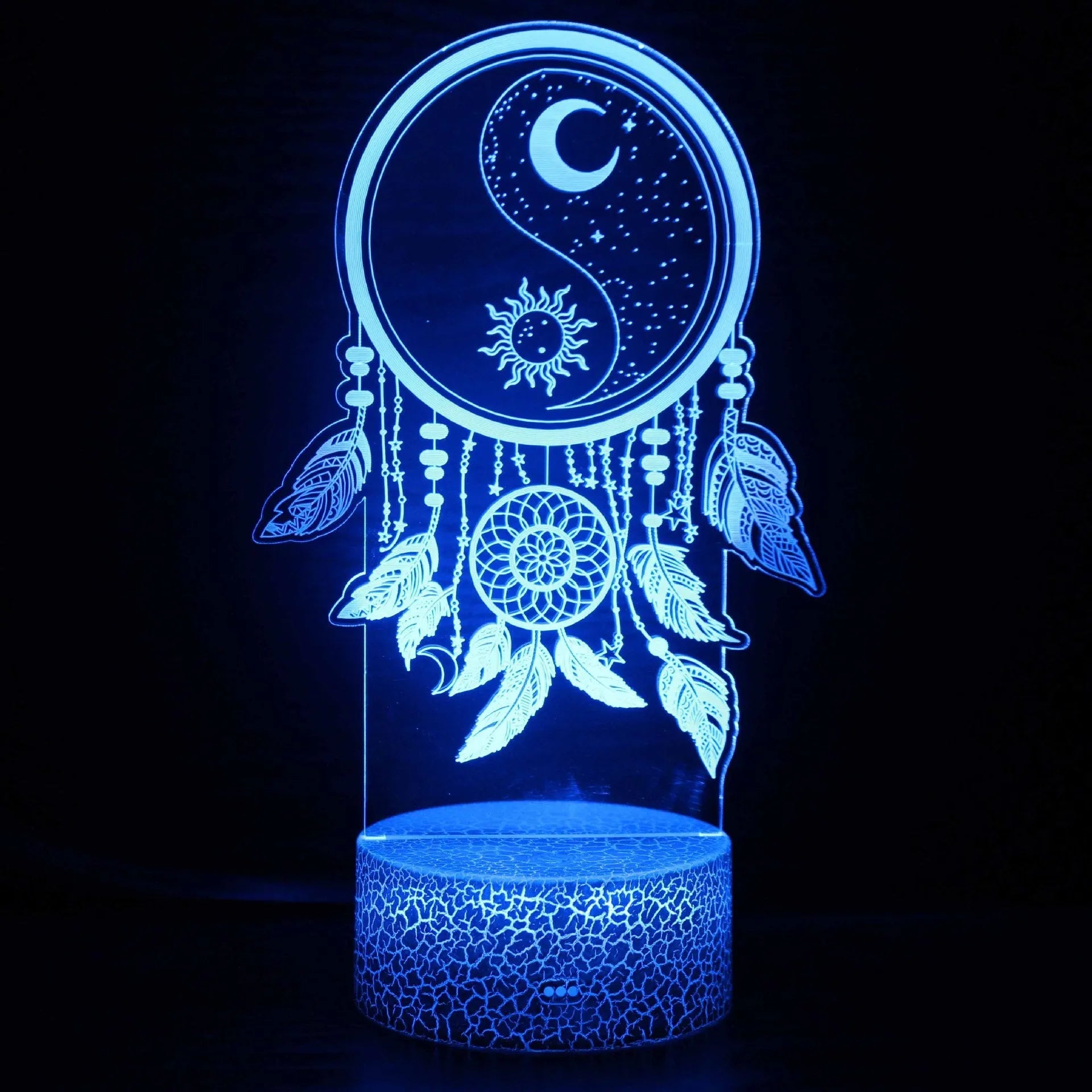 3D small night lamp with touch and remote control showing colourful LED illumination on a bedside table