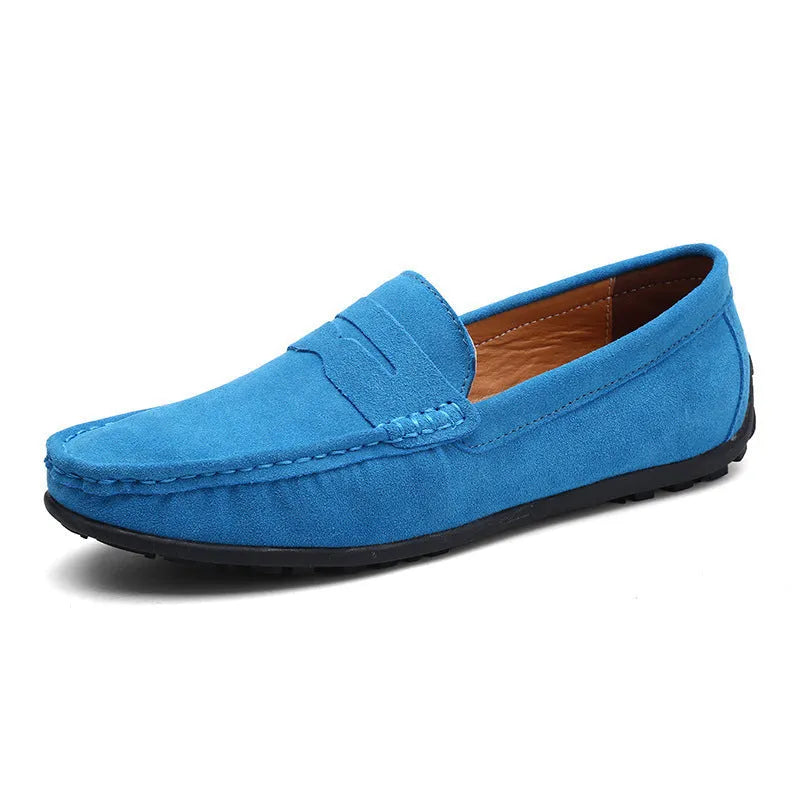 Men's suede Gommino loafers in brown with a round toe and flat rubber sole