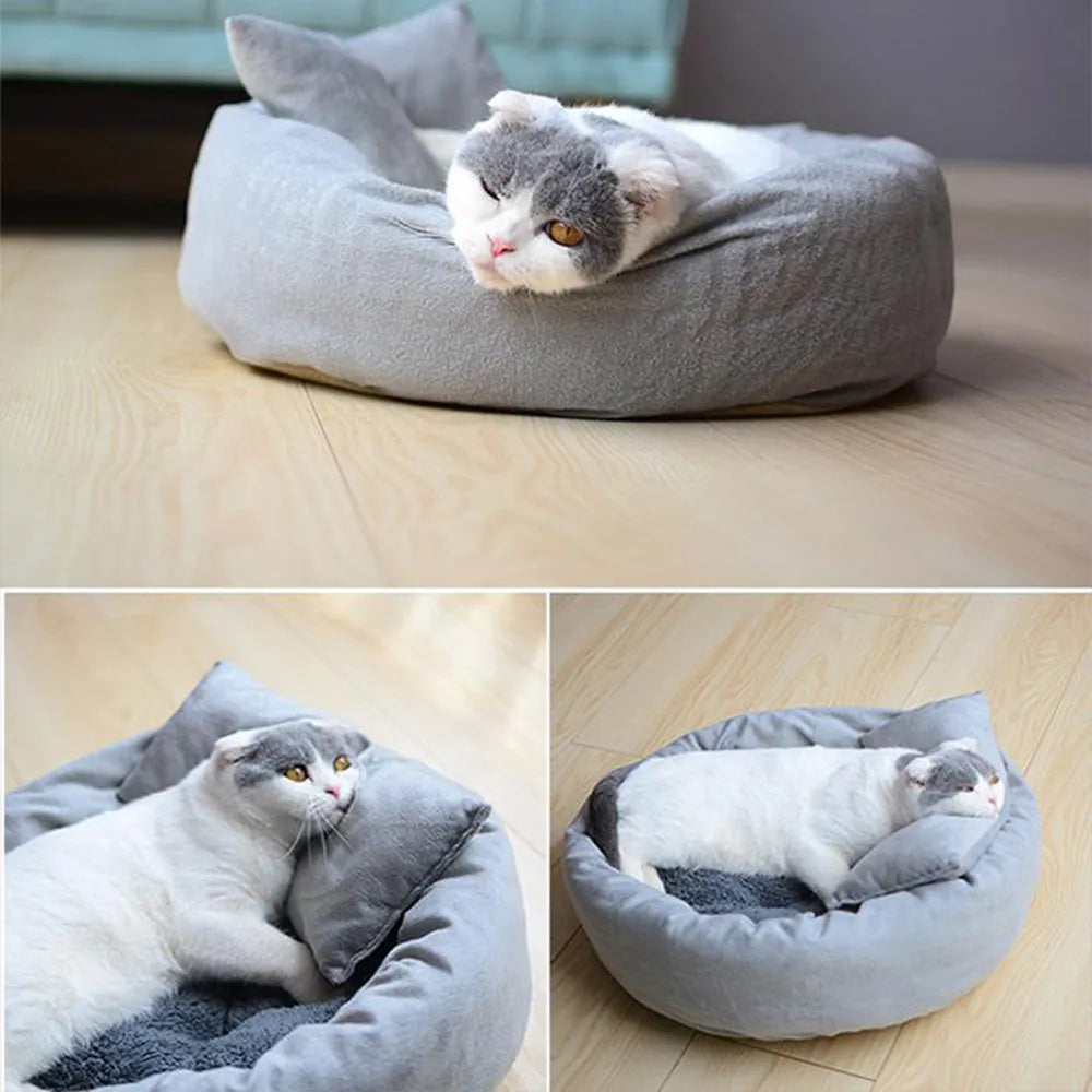 Gray round flannel pet bed for small dogs and cats with pillow on non-slip base