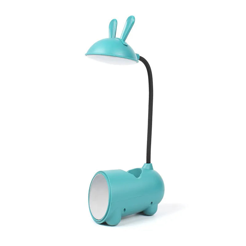 Green cartoon desktop USB table lamp with built-in pen holder container.