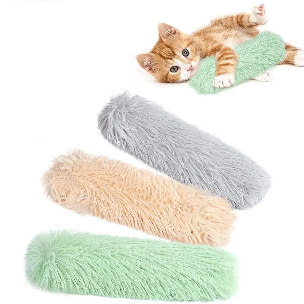 Blue, green, pink, and white cat plush toy pillow measuring 27 by 10 centimetres