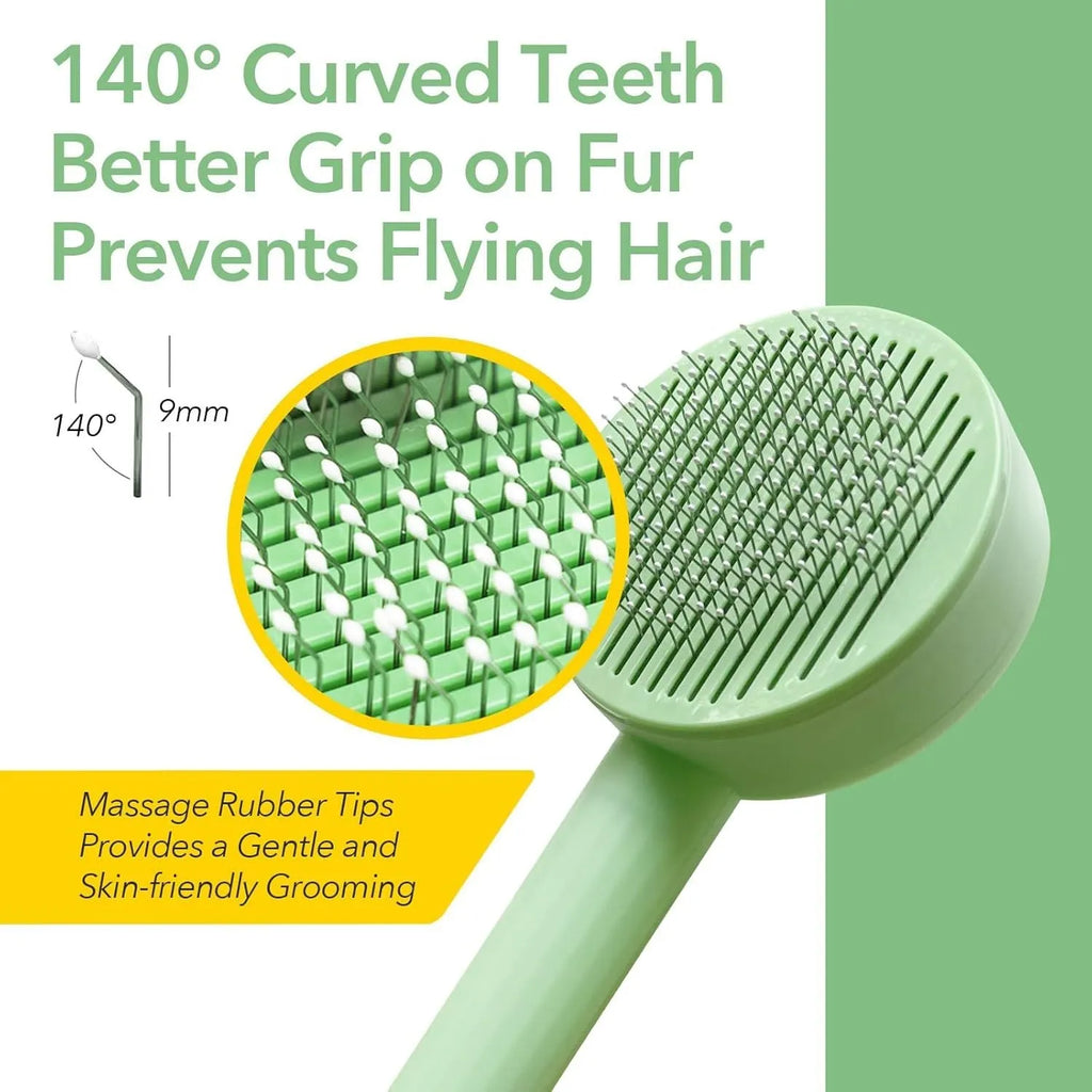 Green and yellow 2-in-1 pet grooming brush with stainless steel teeth and a hanging loop