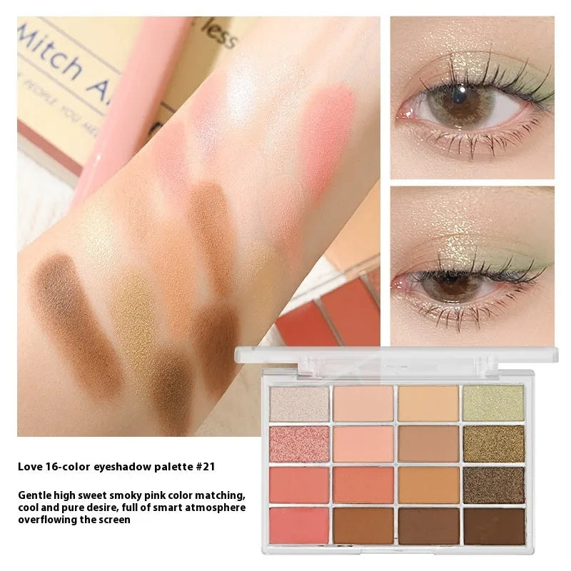 16 colour eyeshadow plate with shimmer and matte finishes in pink and brown shades