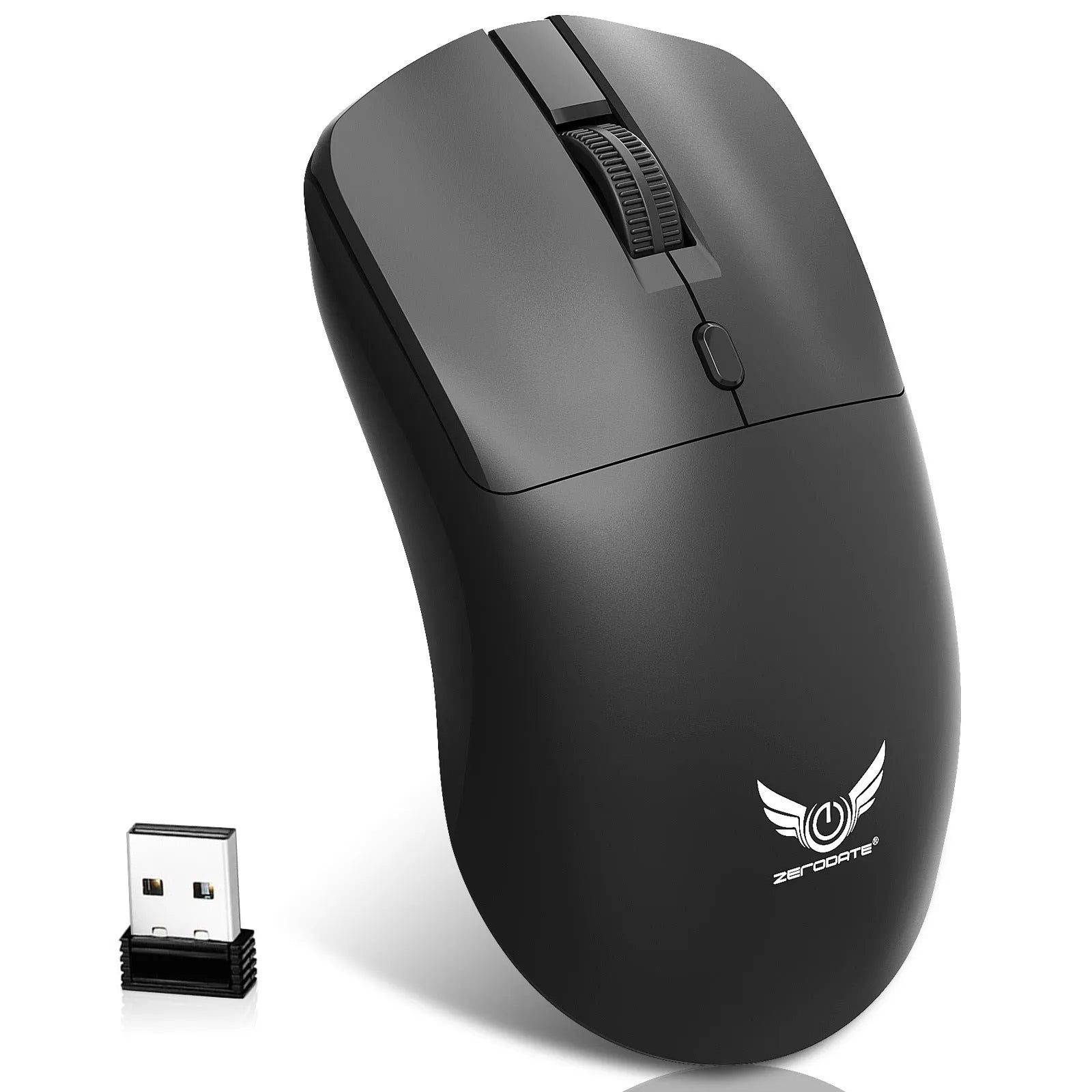 Black wireless computer mouse with audio control button for laptop use