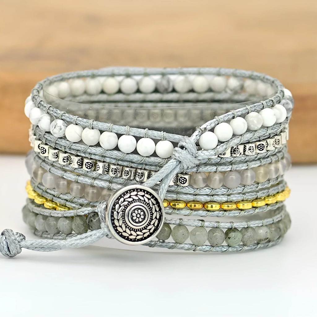 Natural stone beaded crystal watch band in bohemian style with multiple size options for 5.5 to 8.1 inch wrists