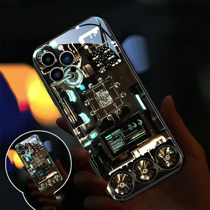 Xpress 14 tempered glass iPhone case with illuminated light-up notification feature on a phone.