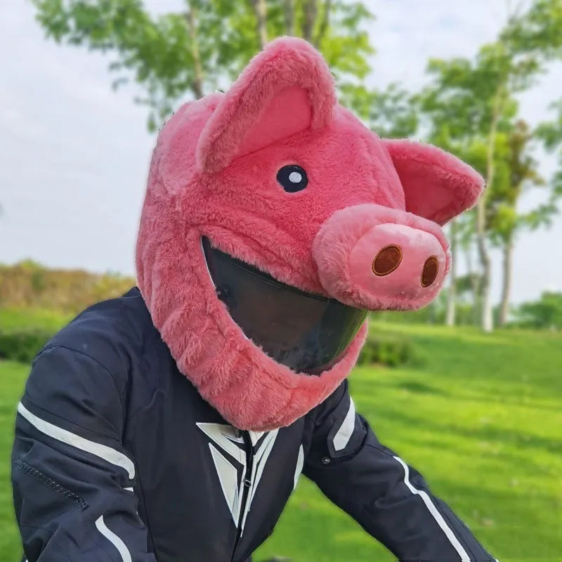 Pink pig cartoon design motorcycle helmet protective hood made from soft pv velvet cloth