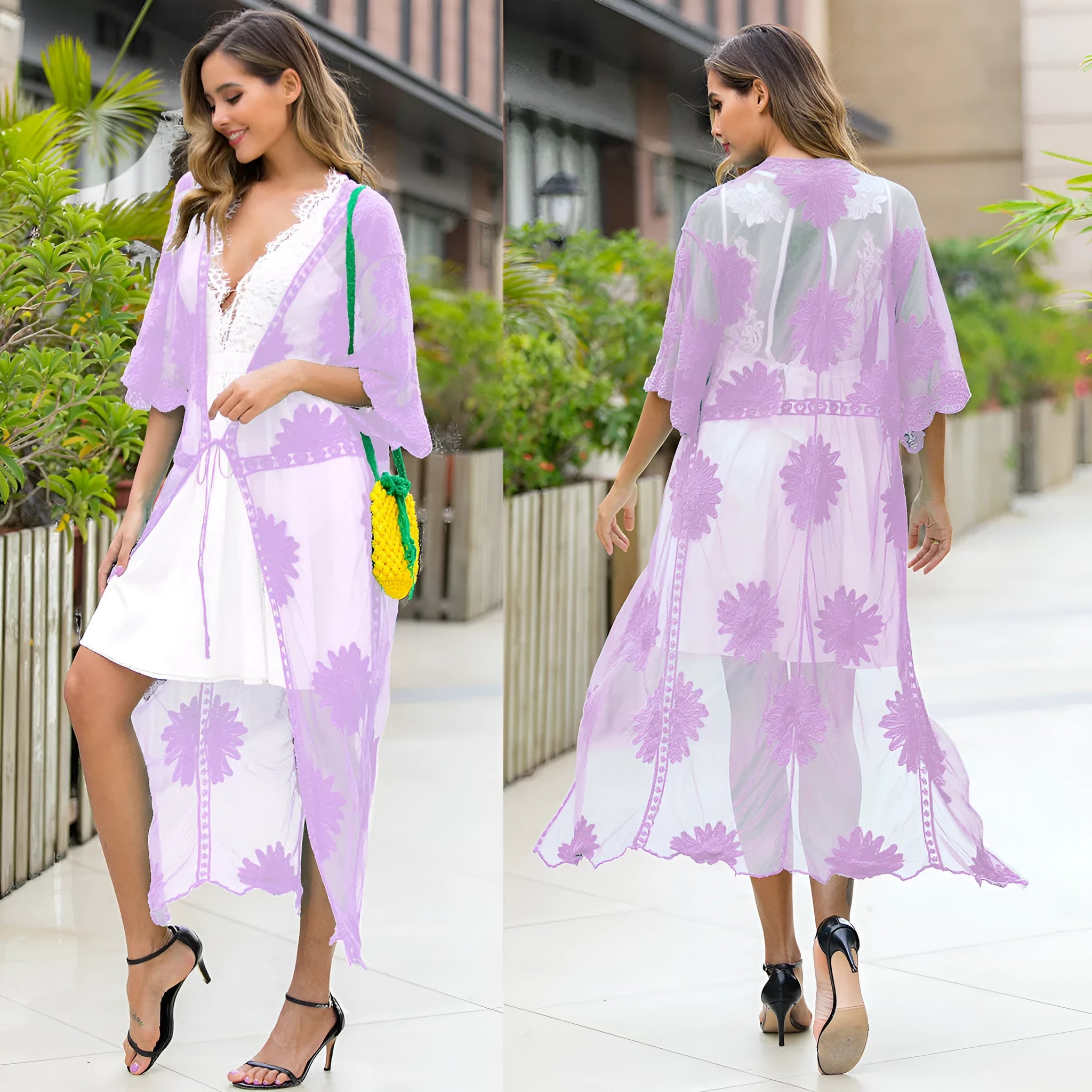 Light purple women's lace embroidery beach cover-up dress for swimming.