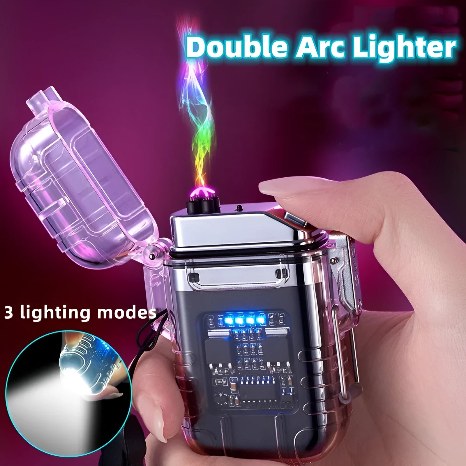 Transparent shell double arc lighter with USB rechargeable battery and triple-mode flashlight in black