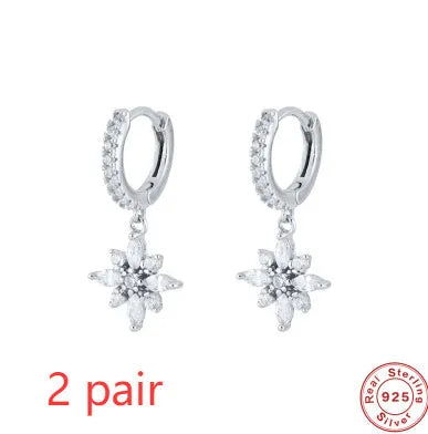 Women's S925 sterling silver geometric snowflake pendant earrings with gemstone inlays
