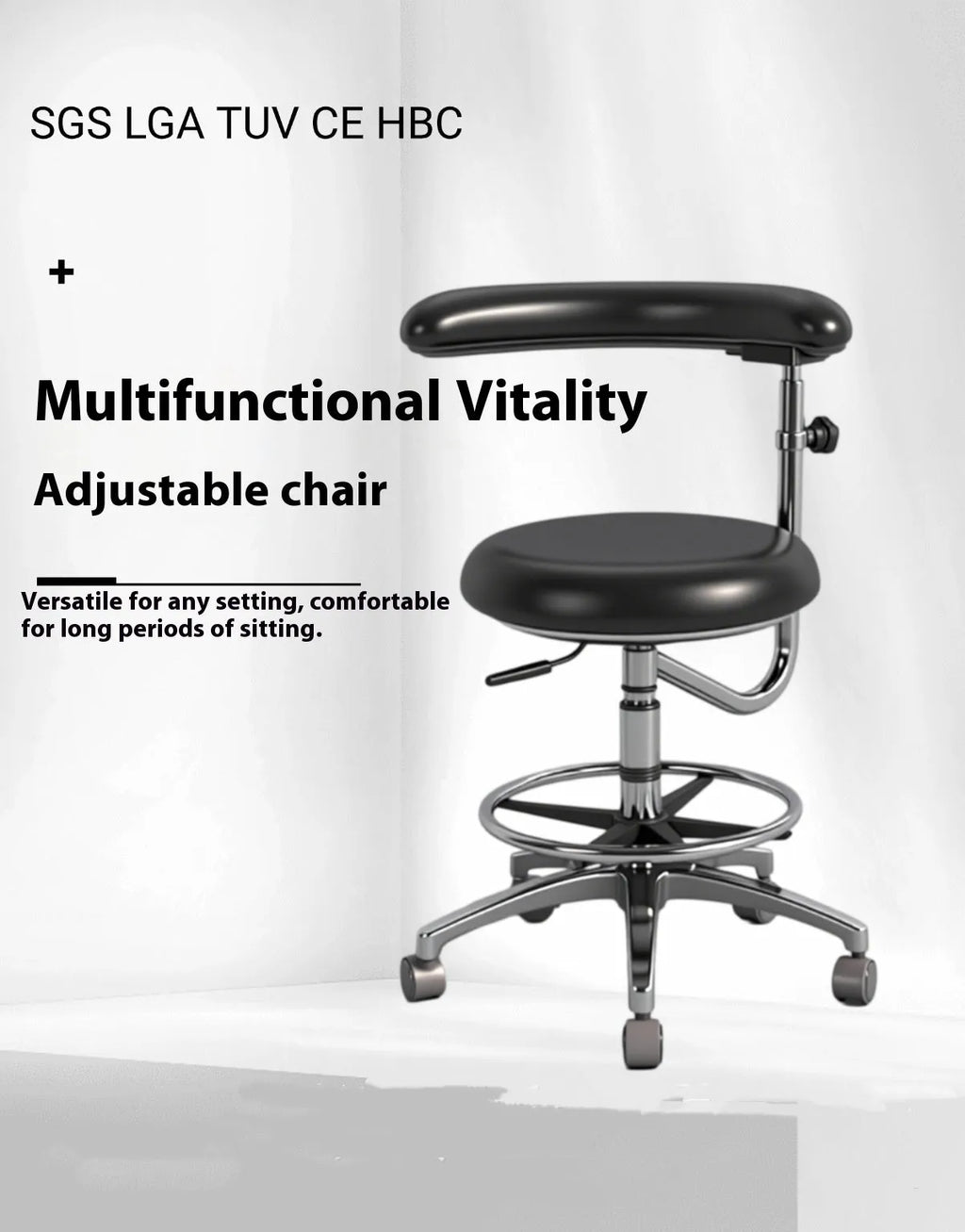 Black leather dental hospital chair with lift mechanism for dentist and nurse seating