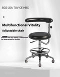 Black leather dental hospital chair with lift mechanism for dentist and nurse seating