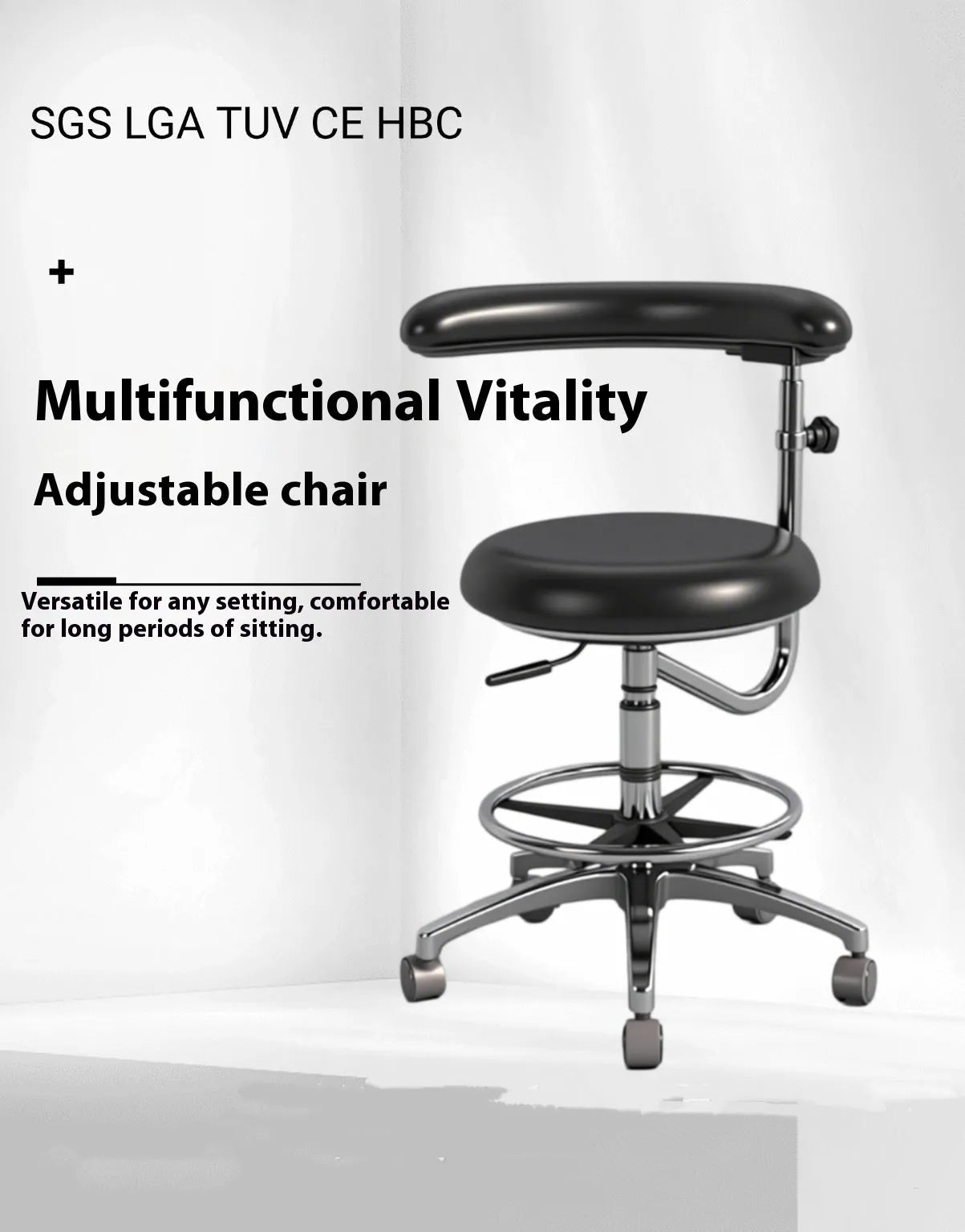 Black leather dental hospital chair with lift mechanism for dentist and nurse seating
