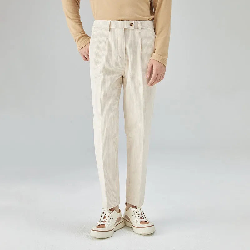 Men's straight-leg corduroy trousers in loose fit showing black, beige and brown grey colour options
