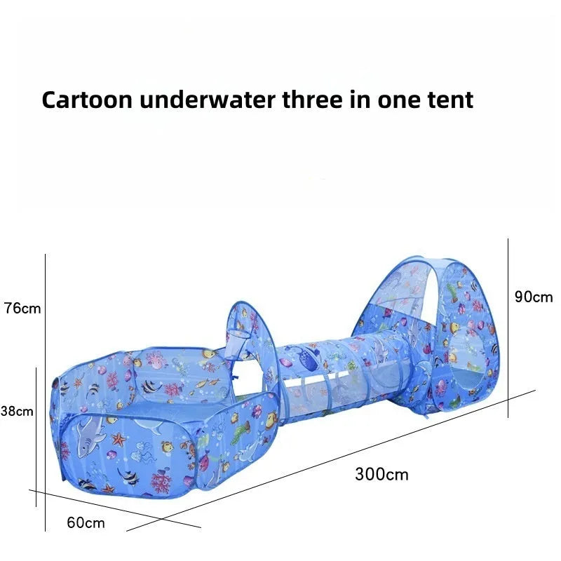 Underwater World three-in-one children's play tent set with tunnel and ball pit in cartoon marine theme.