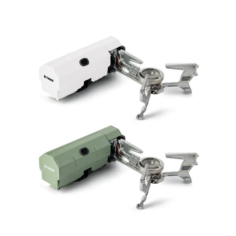 Green folding camping gas stove with burner, serrated bracket, and anti-slip feet on a tabletop