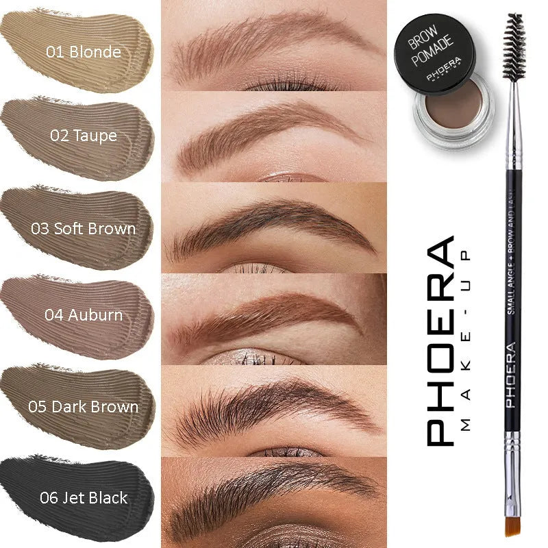 Phoera Eyebrow Cream pot with six colour swatches and double-ended brush for brow shaping