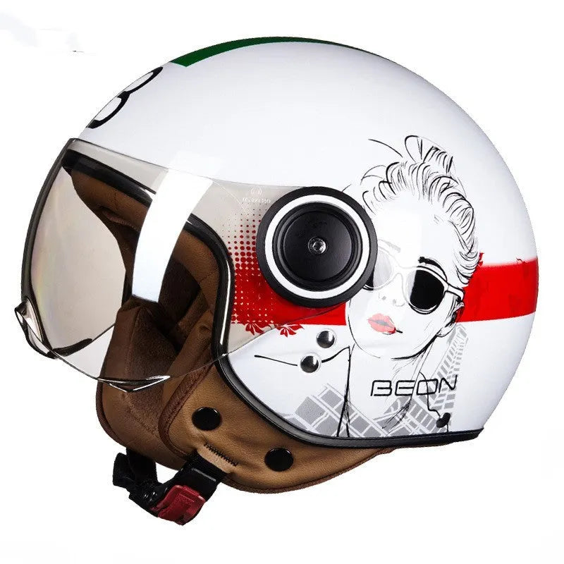 Battery car half helmet in Bright White Red Blue colour, lightweight semi-covered ABS construction, size M to XL