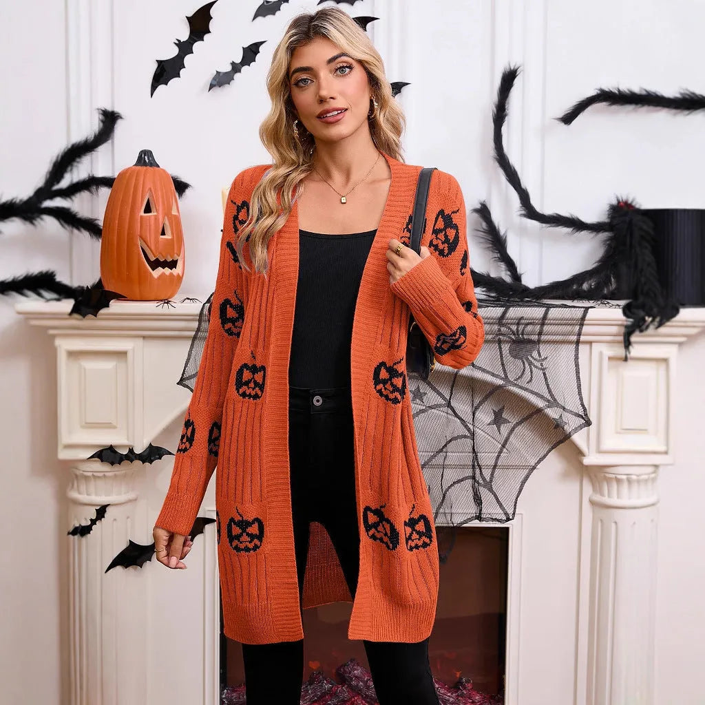 Women's black Halloween cardigan with orange pumpkin head jacquard knitted pattern, medium length straight cut design