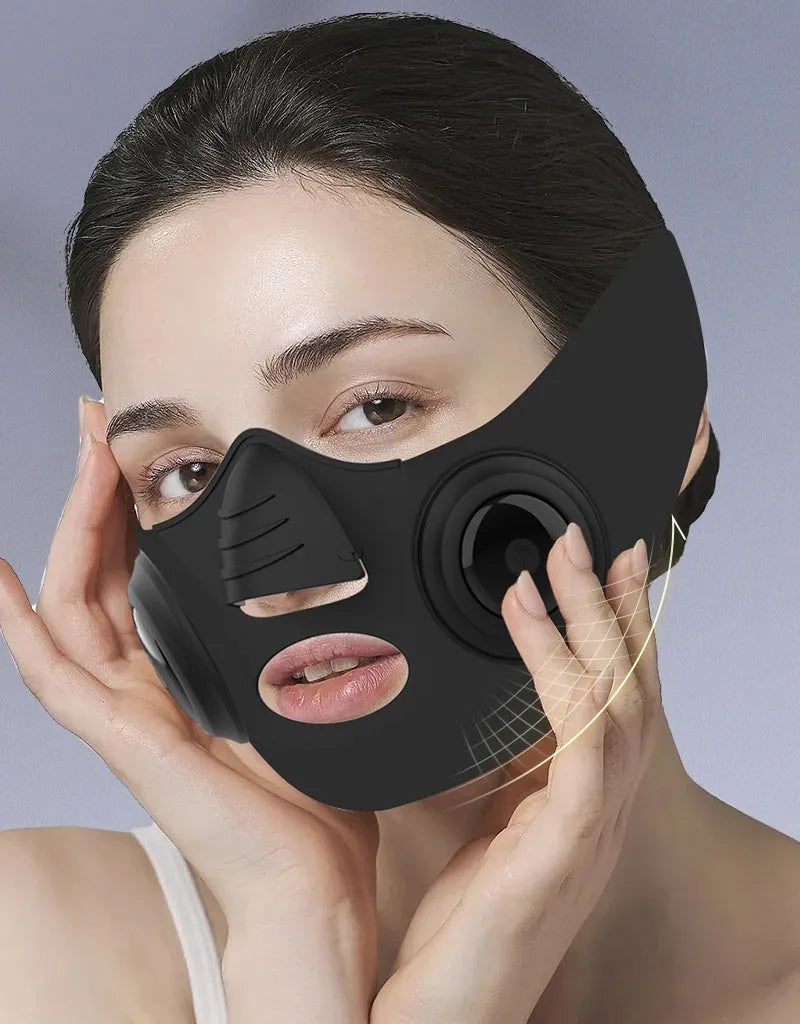 Black handheld photon LED beauty device with a connected mask for facial light therapy.