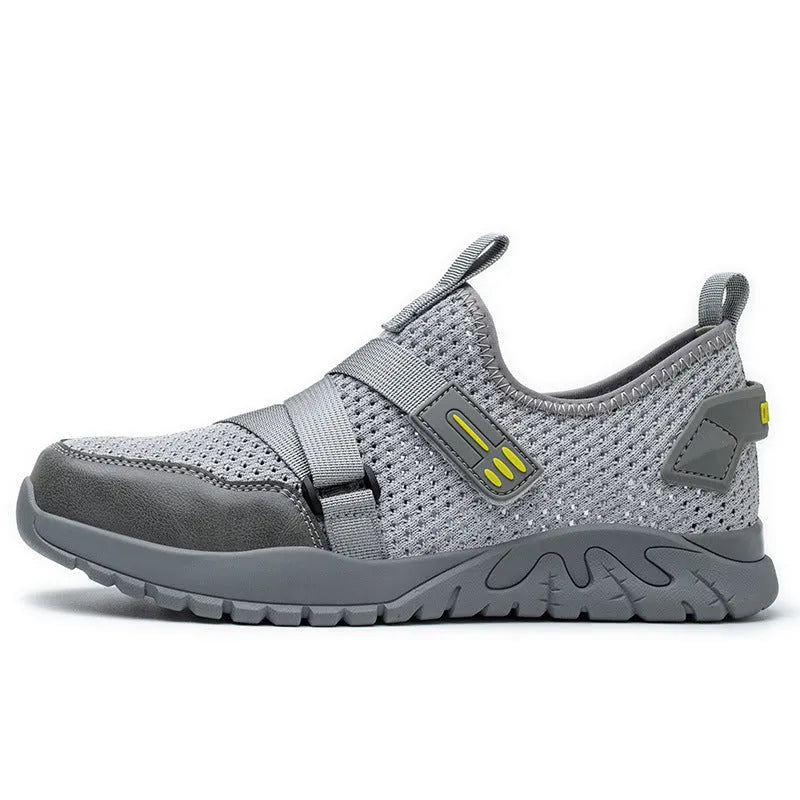 Grey men's anti-smash anti-puncture work safety shoes with flying woven upper and rubber sole