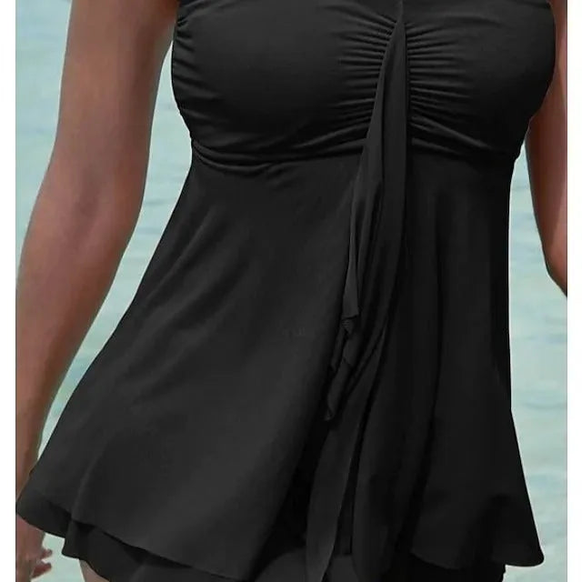 Women's strapless one-piece swimsuit in solid colour polyester, available in pink, blue, black, and picture colour