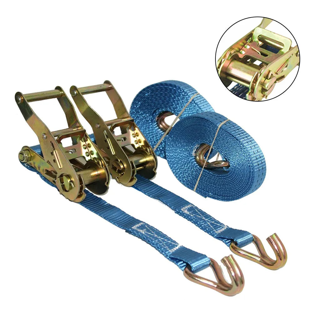 Heavy-duty ratchet tensioner fastening strap with steel buckle and double hooks on polyester webbing.