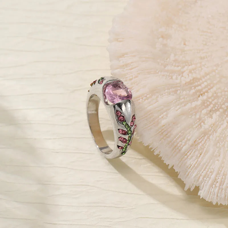 Leaf style zirconium inlaid ring for women in geometric shape, zinc alloy, available in gold and light pink