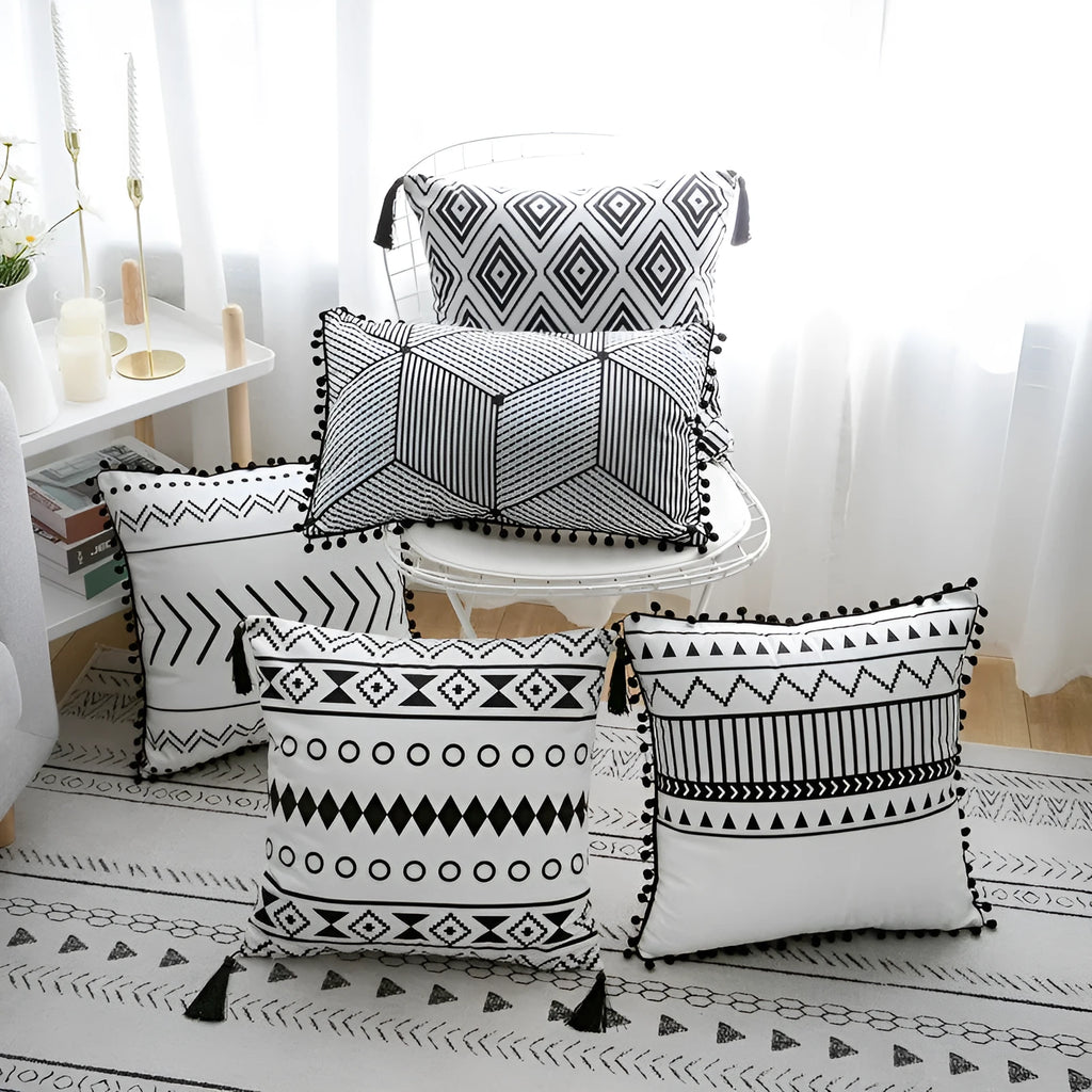 Bohemian national throw pillow pillowcase in light gray with pattern for living room sofa decor
