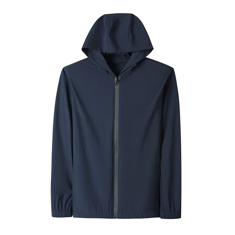 Korean sun-protective hooded suit in blue, loose casual style for youth, with top stitching slit pockets
