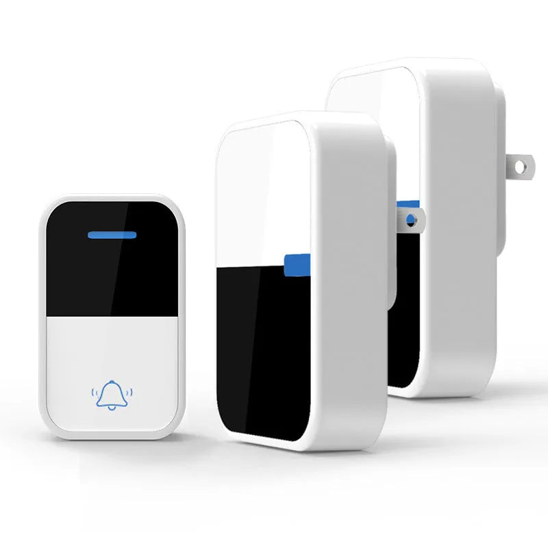 White plastic wireless doorbell with receiver unit and complementary component on modern home exterior
