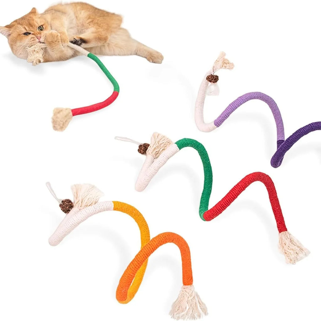 Cat bite rope toy made of cotton string, 70cm long, catnip-stuffed, available in purple, orange, or red with green colours