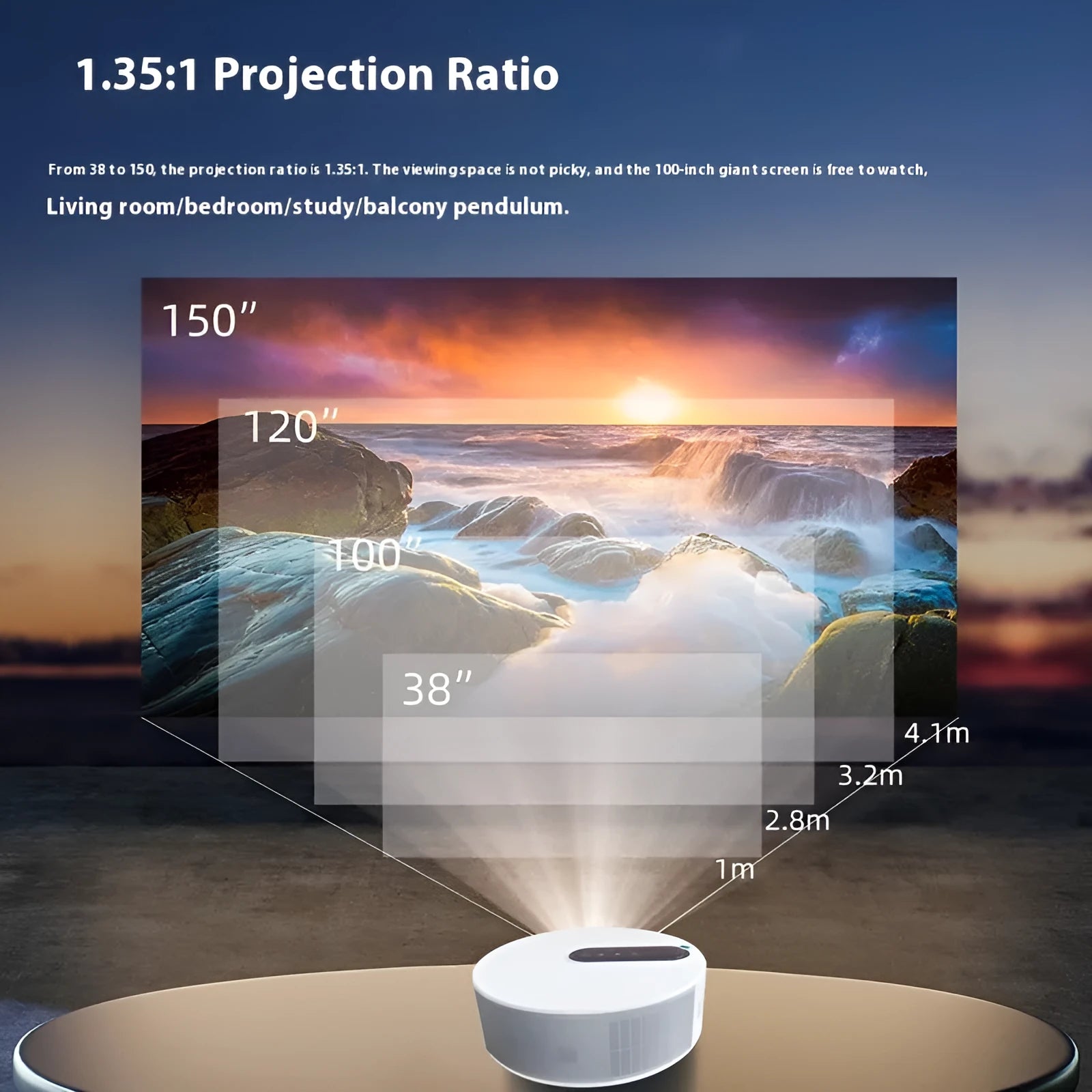 White home theatre projector with remote control on table showing HD 720p resolution specifications