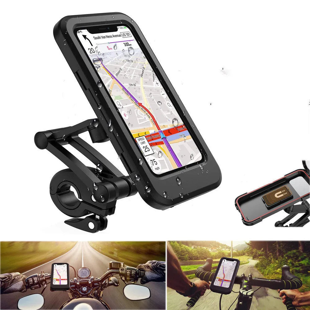 Adjustable waterproof bicycle phone holder mount in black, holding a smartphone on a handlebar with magnetic suction and 360-degree rotation