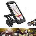 Adjustable waterproof bicycle phone holder mount in black, holding a smartphone on a handlebar with magnetic suction and 360-degree rotation