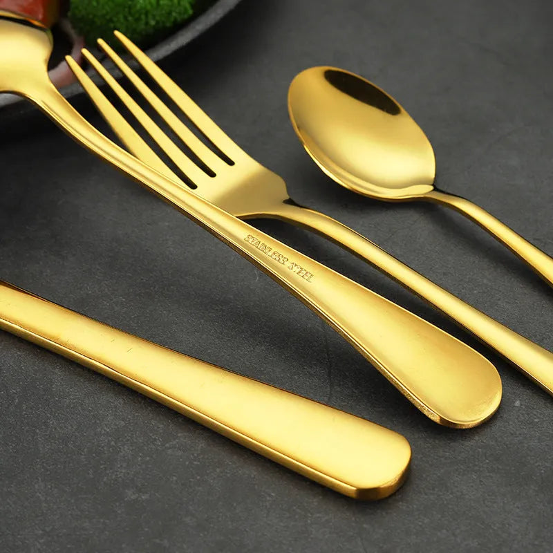 High-end tableware 24 piece set in stainless steel with one-piece moulding, available in multiple colours including black gold and rose gold