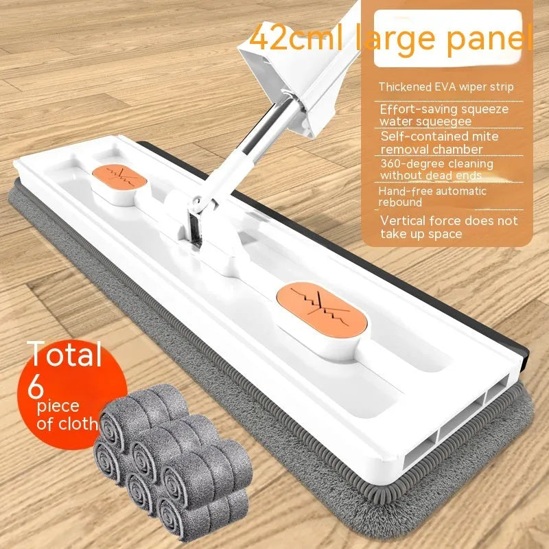Large flat mop with rotating blue head on stainless steel handle next to white and blue cleaning cloths