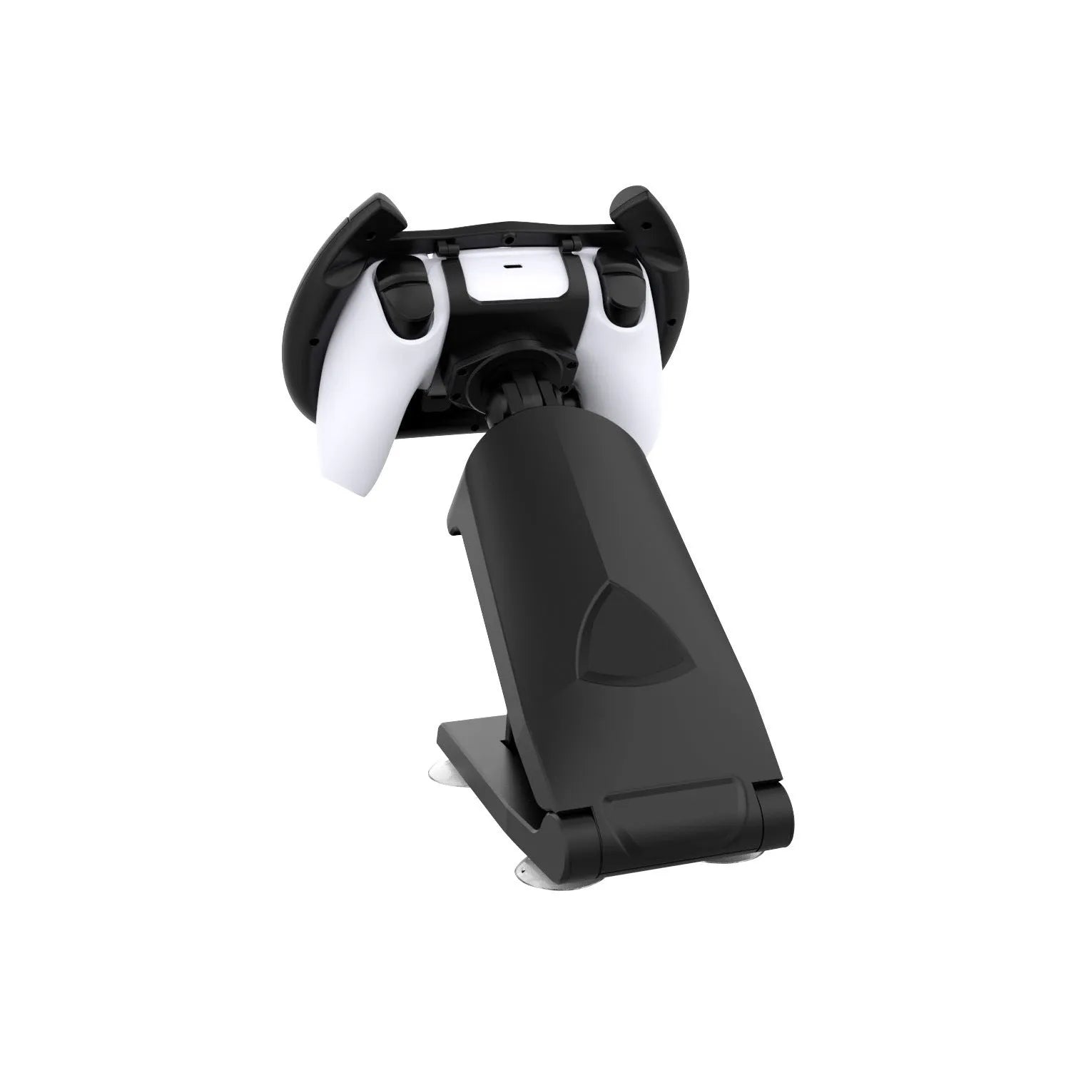 Black ABS plastic steering wheel bracket for smartphones with a large suction cup on its base.