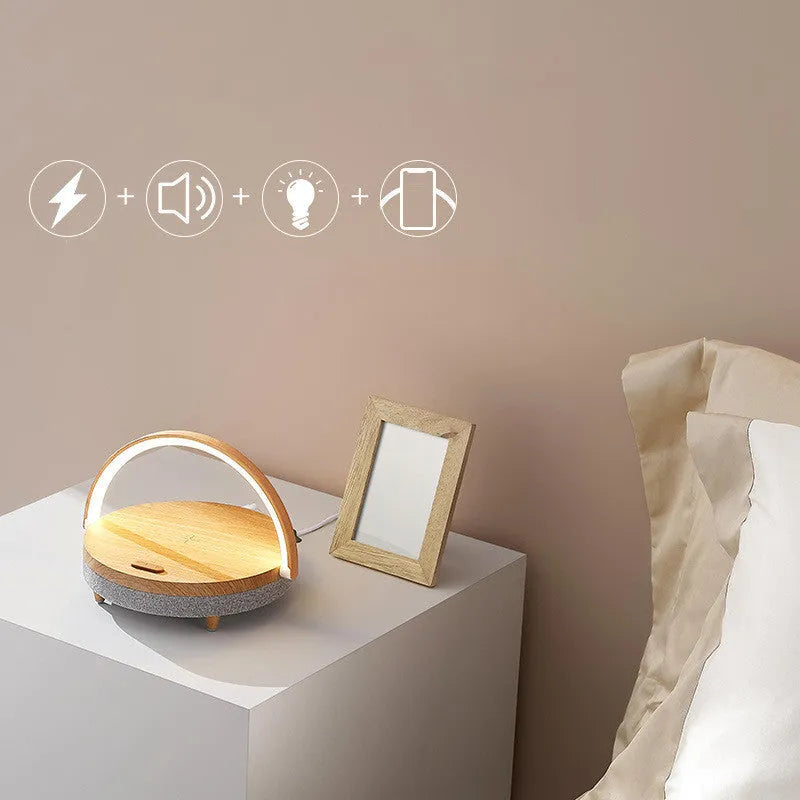 Wireless charging LED desk lamp with Bluetooth speaker and phone holder in marble pattern