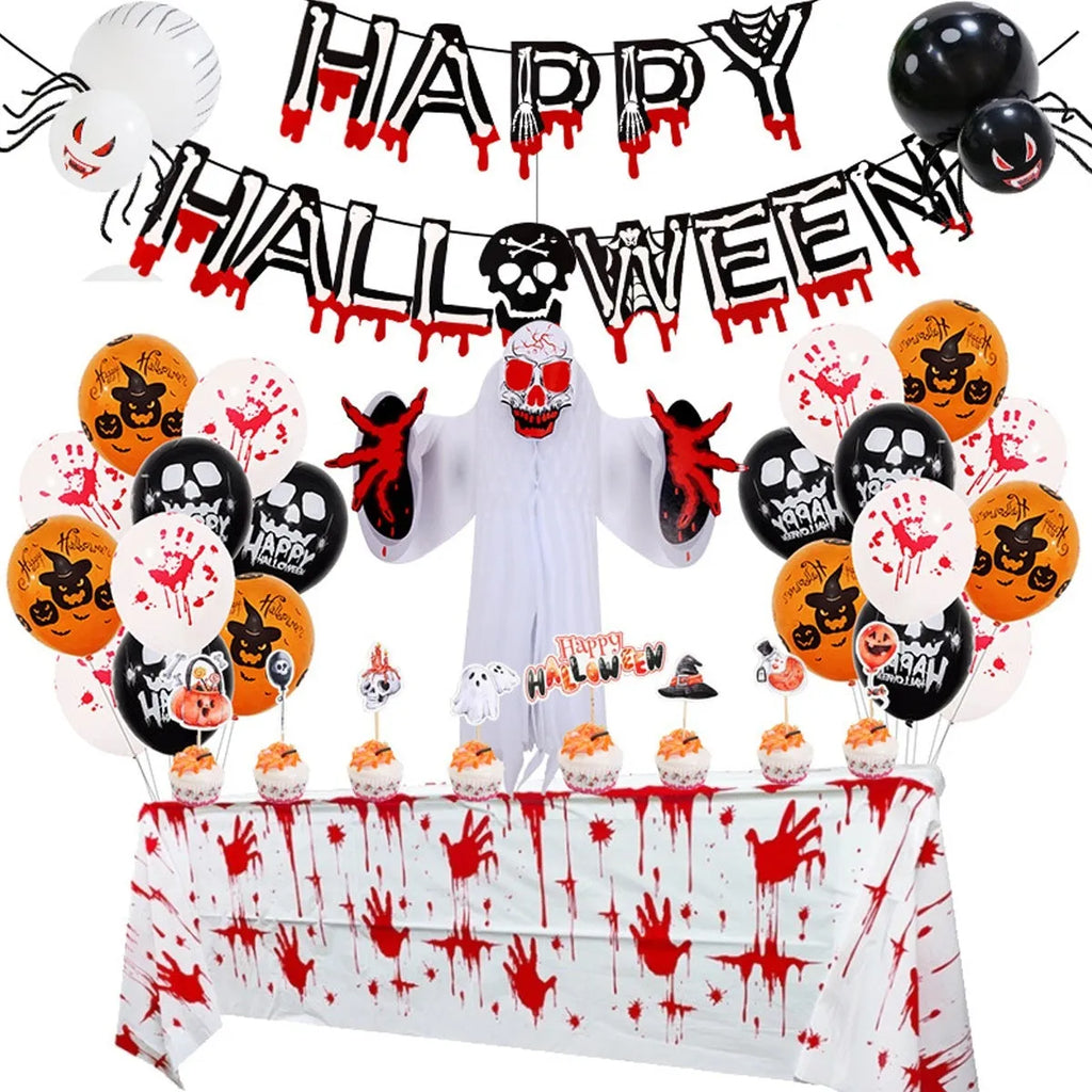 Halloween balloon combo set showing skull and pumpkin designs with a spider motif balloon arch in black and white.