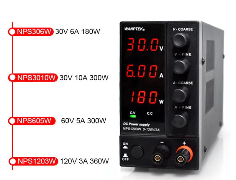 White adjustable DC laboratory power supply unit with controls for 0-60V and 0-5A output.