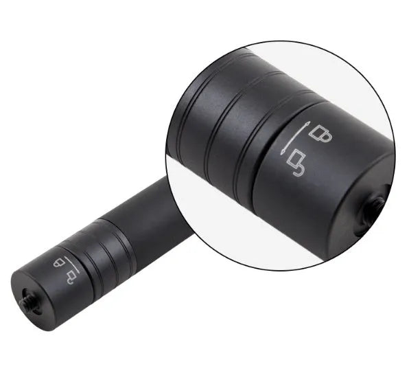 Black retractable aluminium selfie stick extended with phone attached and Bluetooth remote