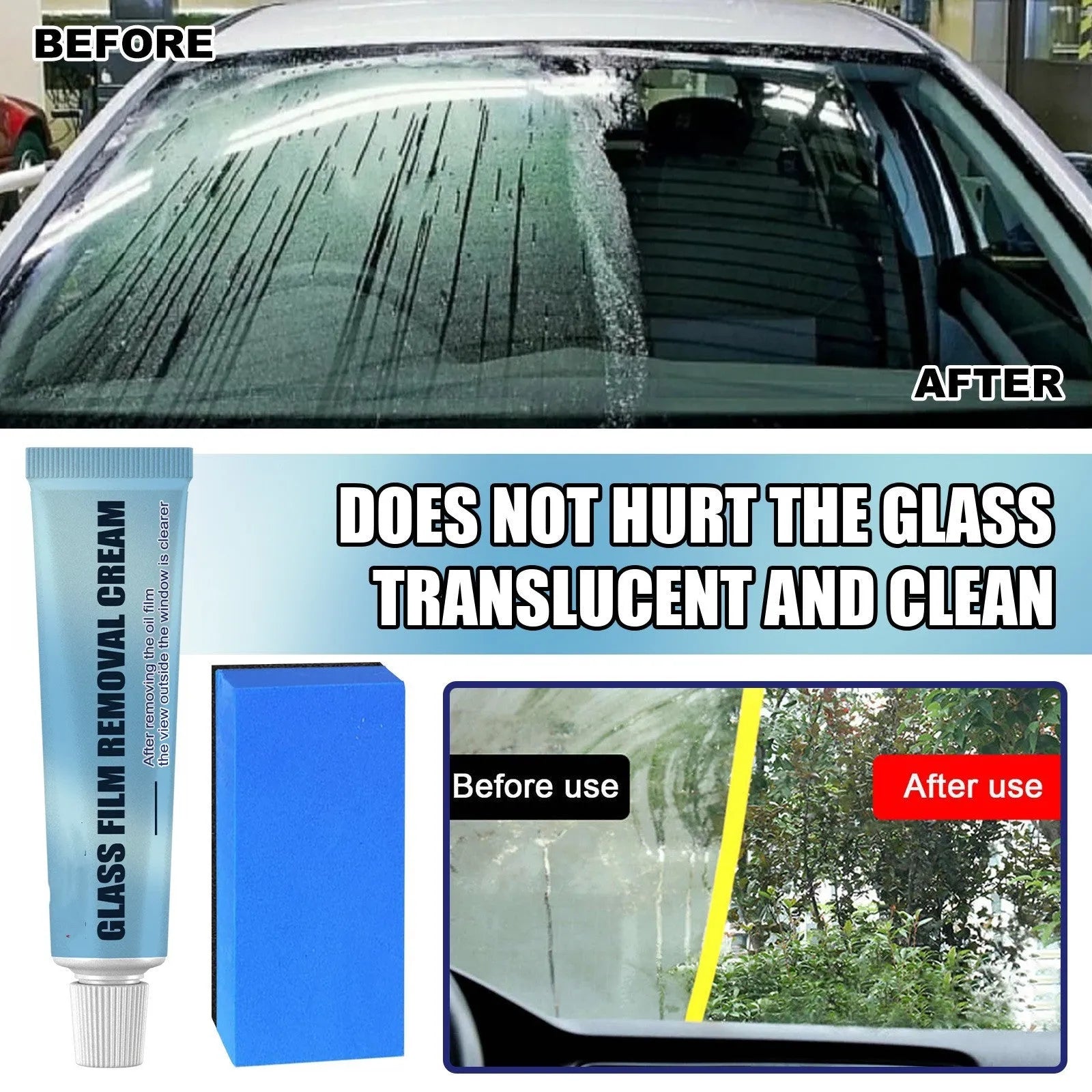 Blue packaged car glass oil film remover with soft sponge applicator for windshield decontamination.