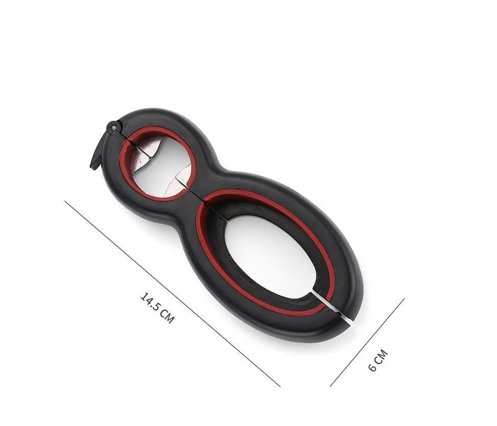 Six-in-one ergonomic bottle and can opener with stainless steel head and soft grey handle on a kitchen countertop
