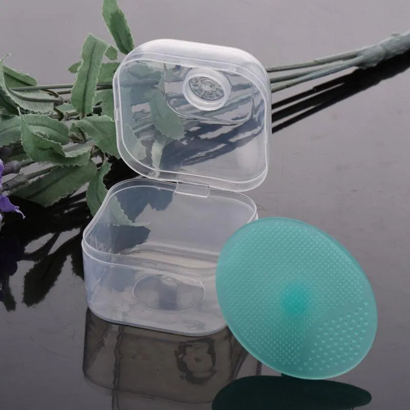 Silicone facial brush with three bristle types: tiny, middle, coarse; blue colour; 53mm size; for face cleansing and massage.