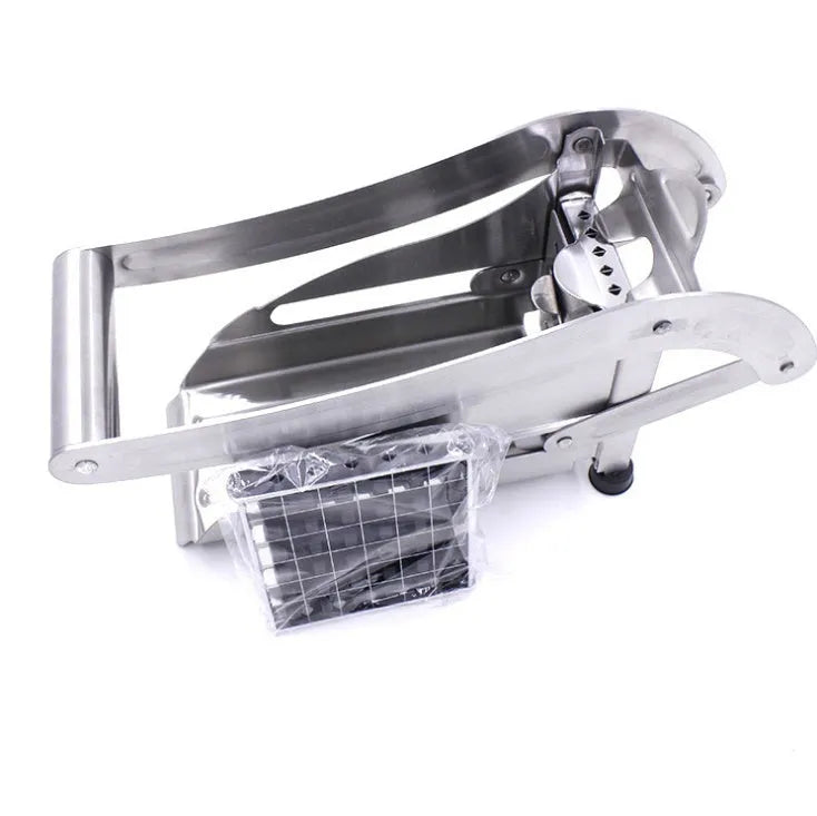 Potato cutter with two stainless steel blades and non-slip rubber foot on kitchen counter